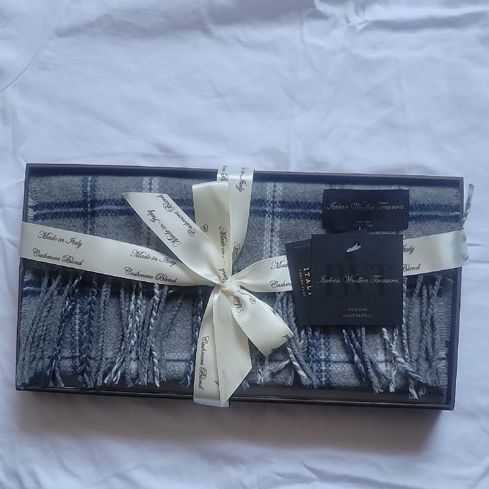 Blue and Gray Plaid Cashmere Blend Scarf
